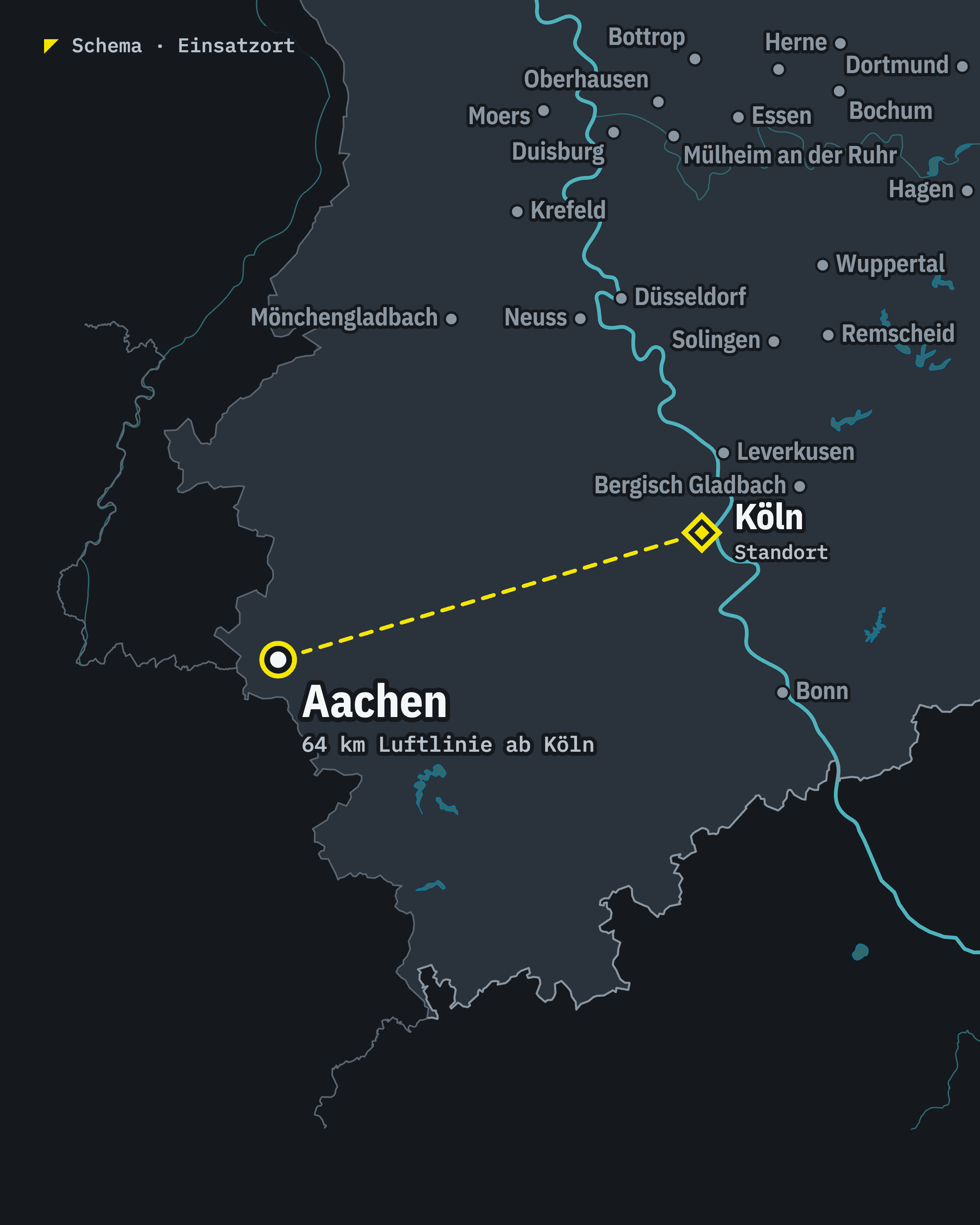 Schematische Karte: Aachen und unser Standort Köln, rund 64 km Luftlinie voneinander entfernt
