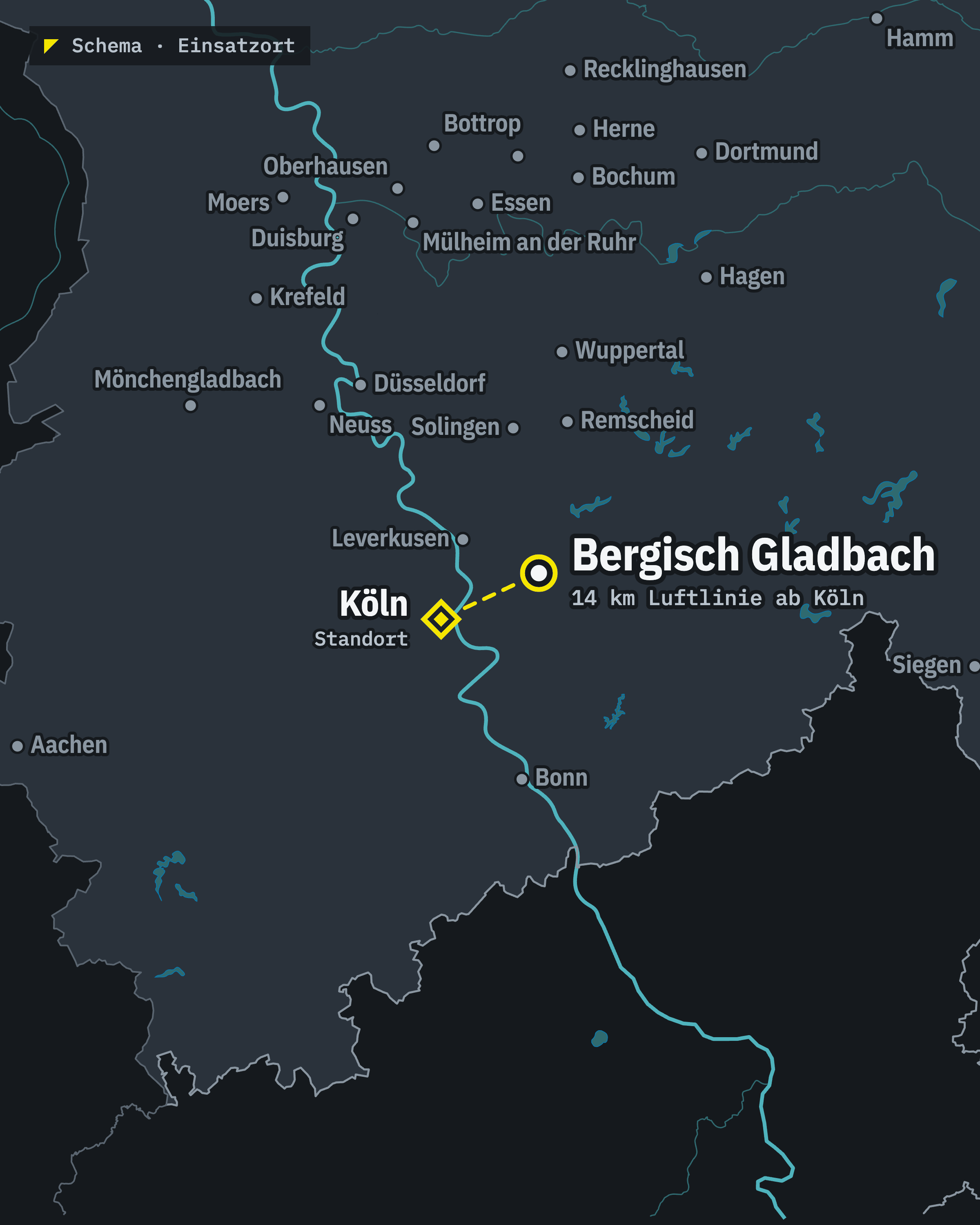 Schematische Karte: Bergisch Gladbach und unser Standort Köln, rund 14 km Luftlinie voneinander entfernt