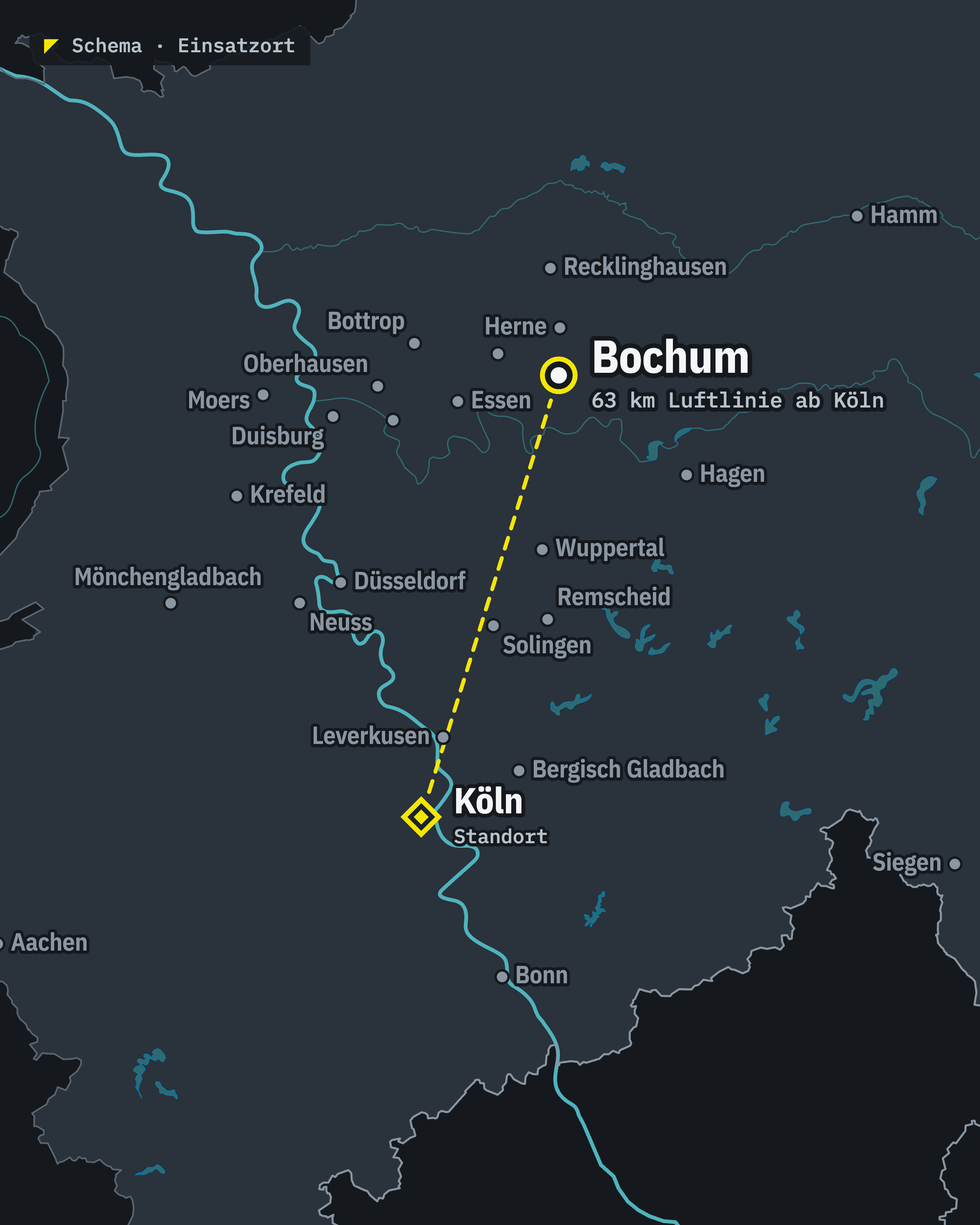 Schematische Karte: Bochum und unser Standort Köln, rund 63 km Luftlinie voneinander entfernt