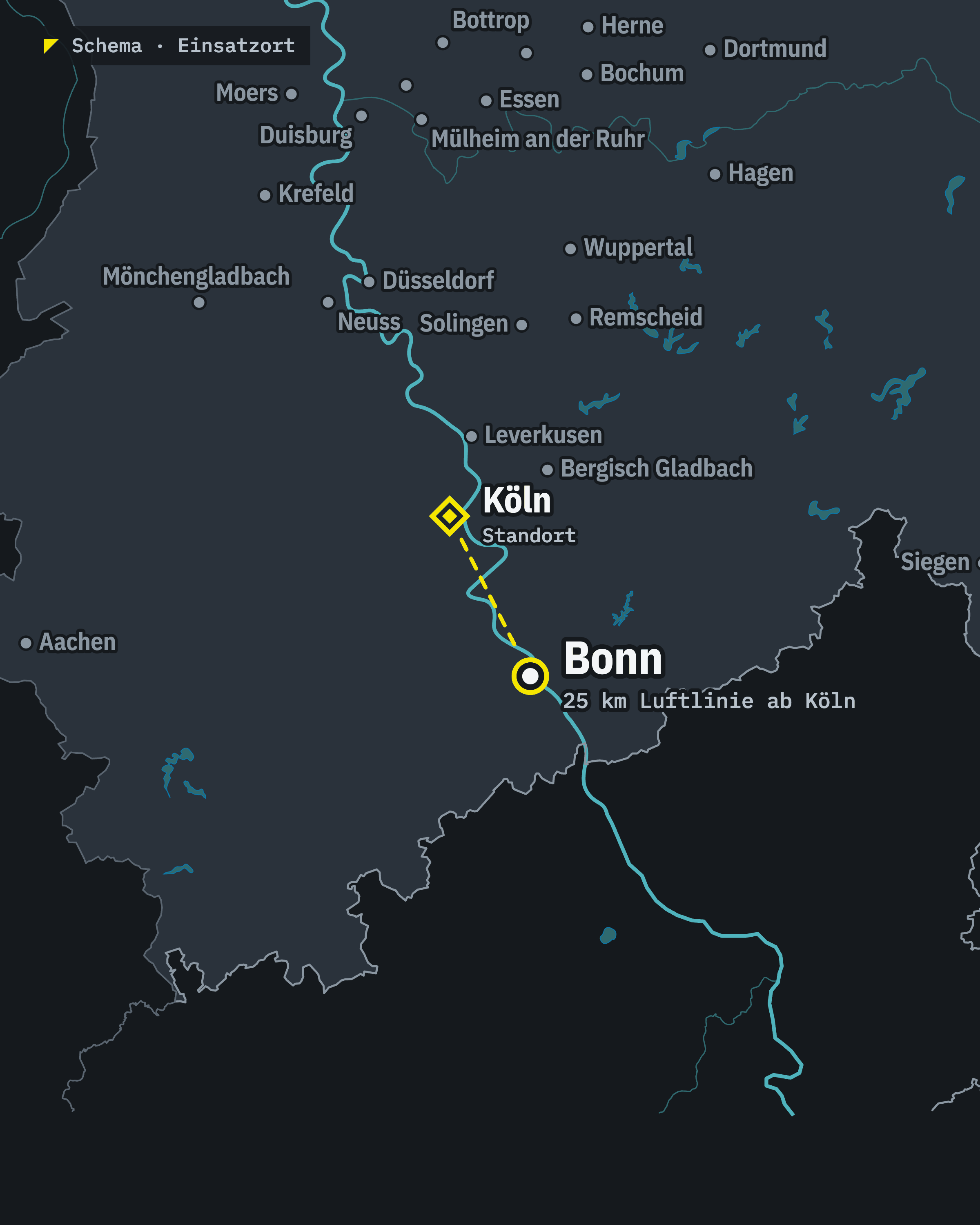 Schematische Karte: Bonn und unser Standort Köln, rund 25 km Luftlinie voneinander entfernt