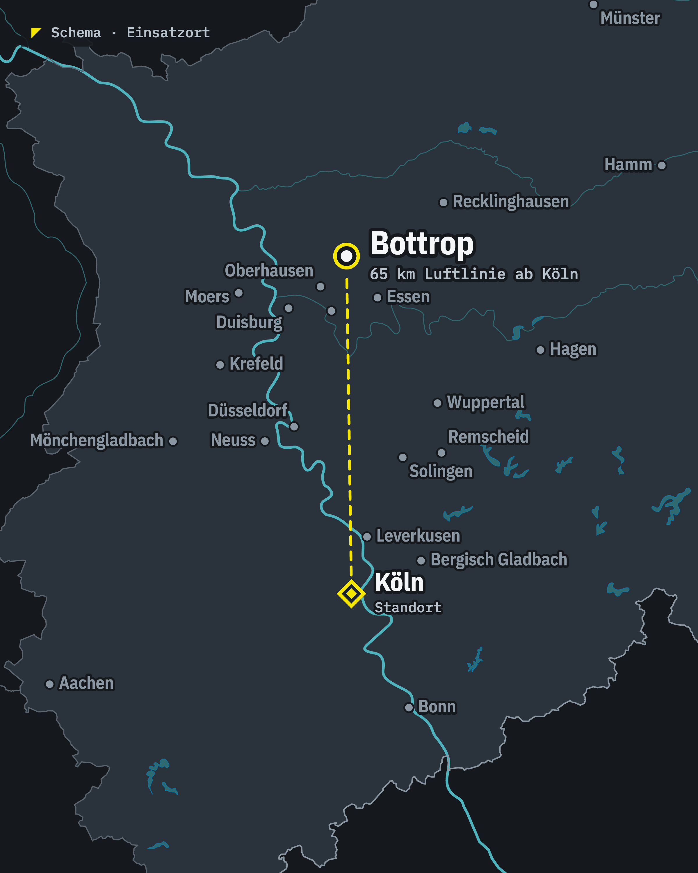 Schematische Karte: Bottrop und unser Standort Köln, rund 65 km Luftlinie voneinander entfernt