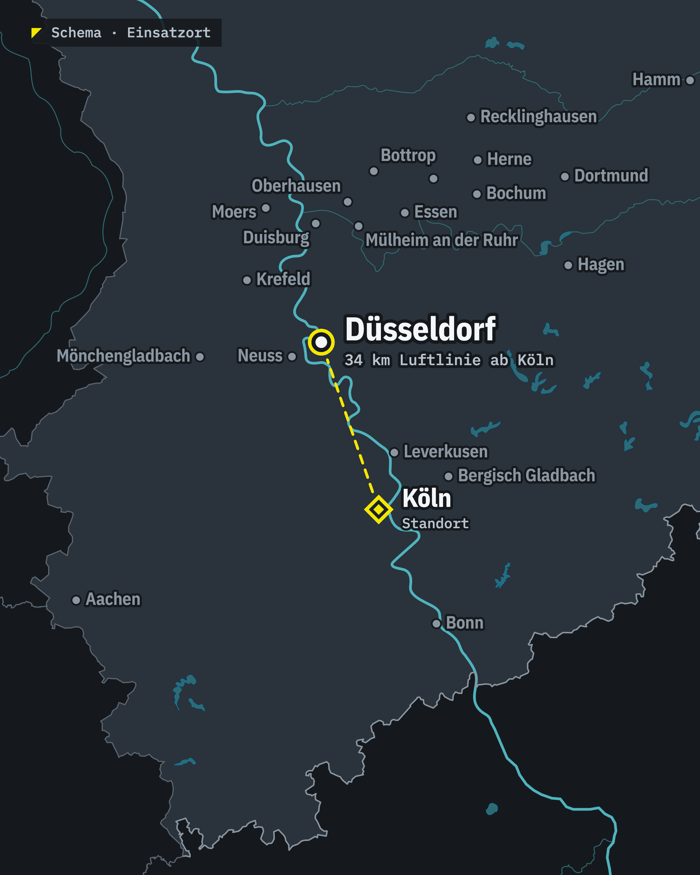 Schematische Karte: Düsseldorf und unser Standort Köln, rund 34 km Luftlinie voneinander entfernt