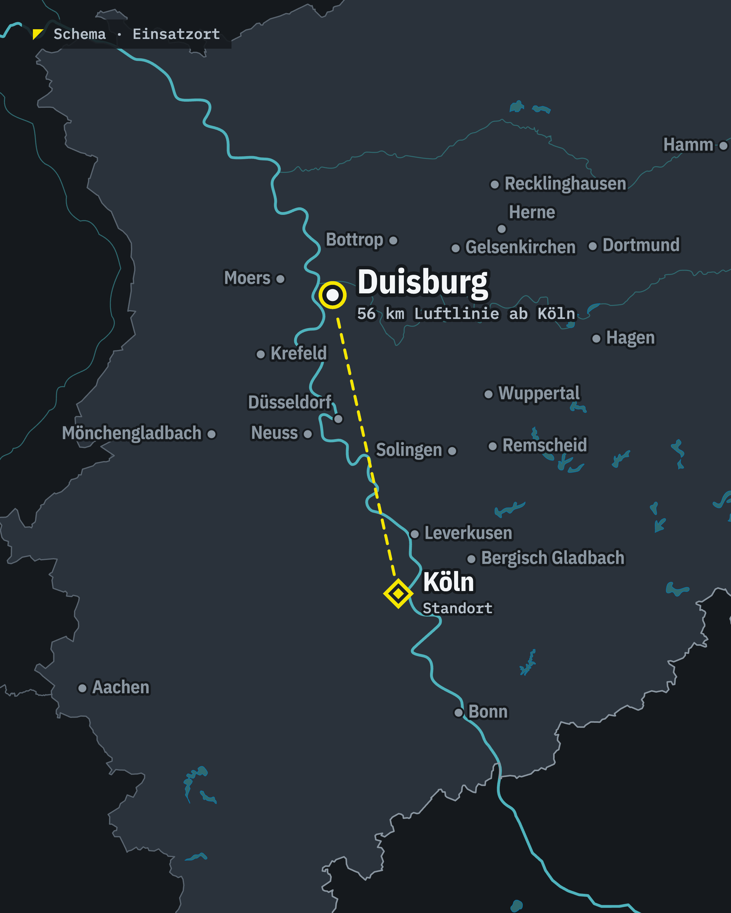 Schematische Karte: Duisburg und unser Standort Köln, rund 56 km Luftlinie voneinander entfernt