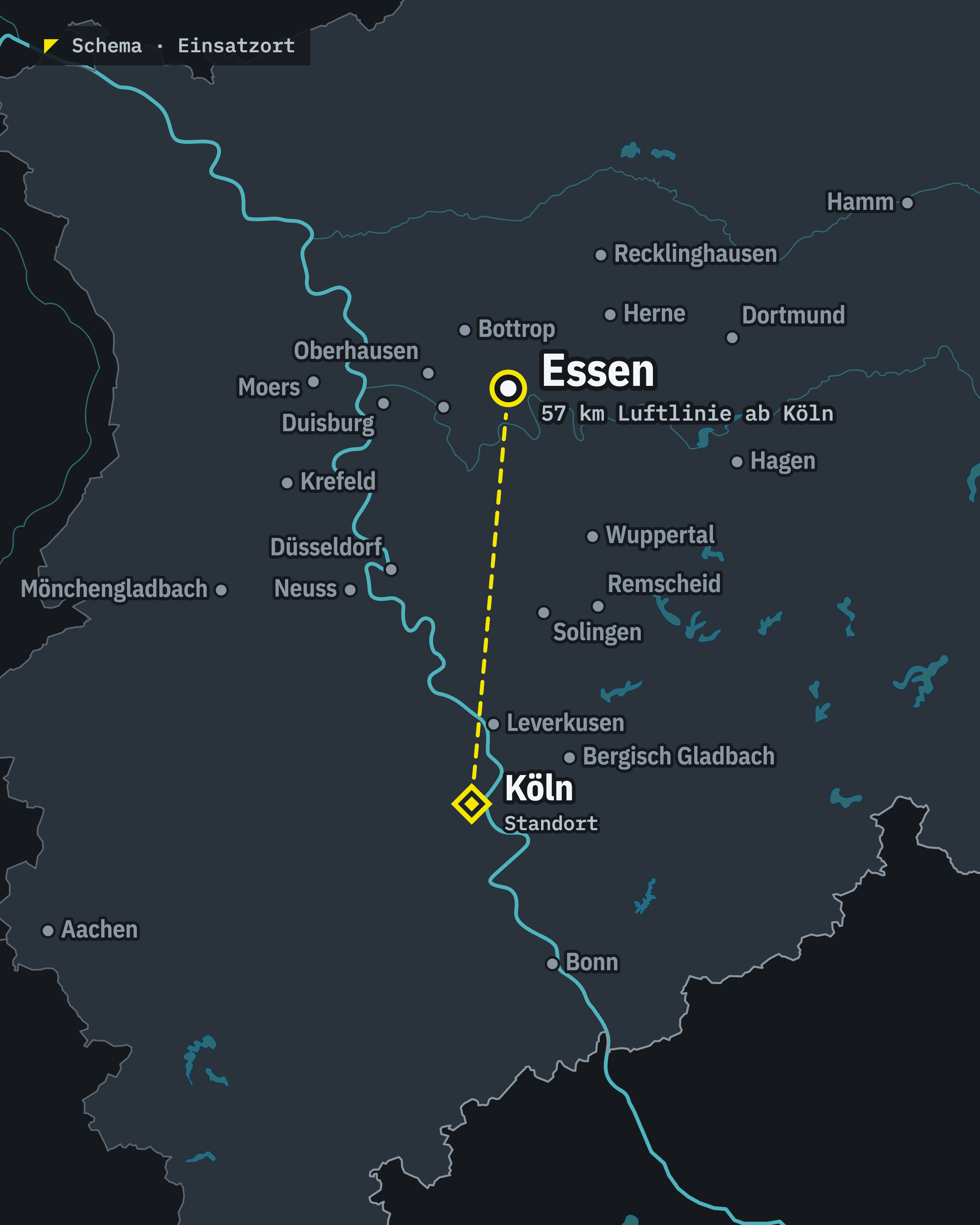 Schematische Karte: Essen und unser Standort Köln, rund 57 km Luftlinie voneinander entfernt