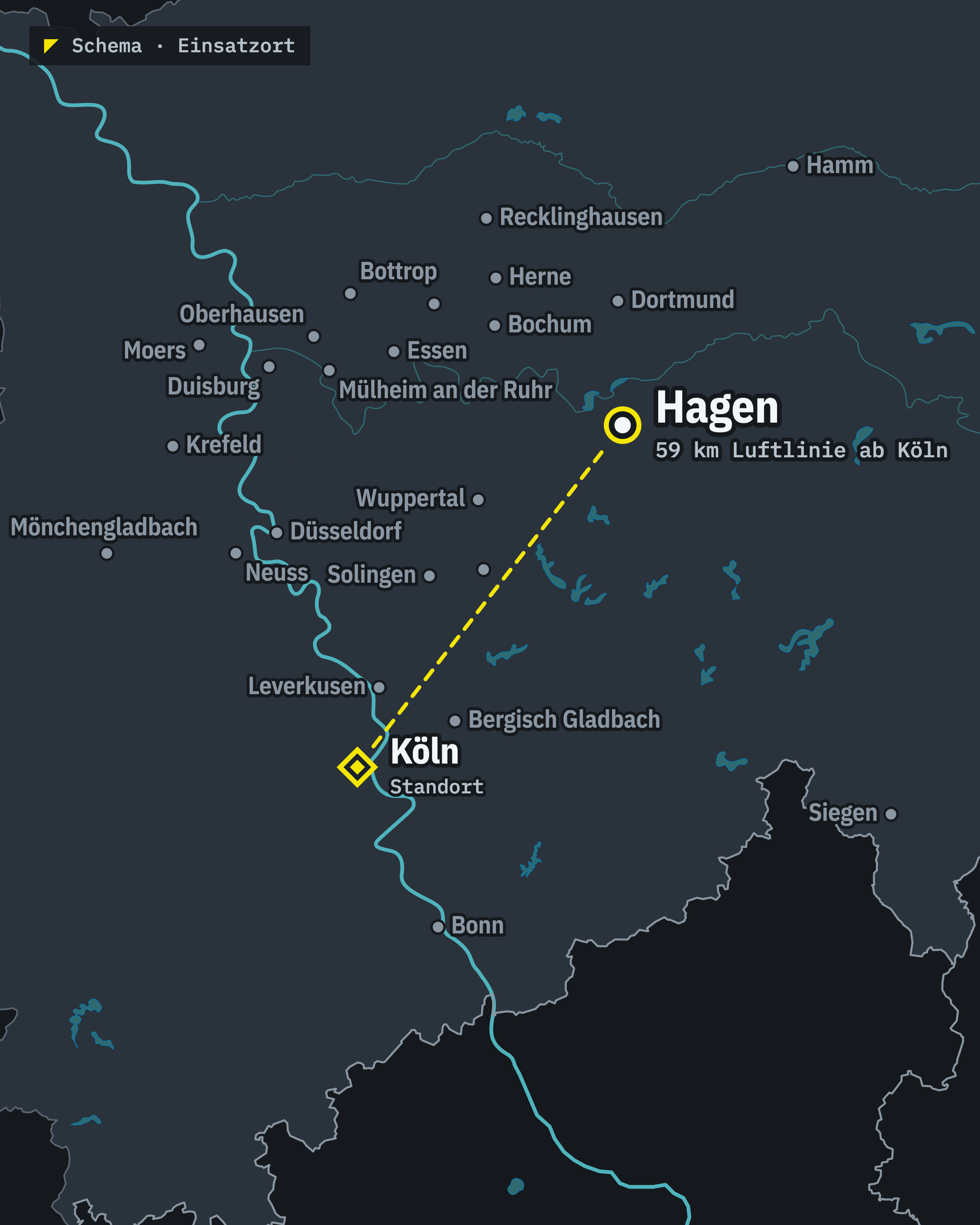 Schematische Karte: Hagen und unser Standort Köln, rund 59 km Luftlinie voneinander entfernt