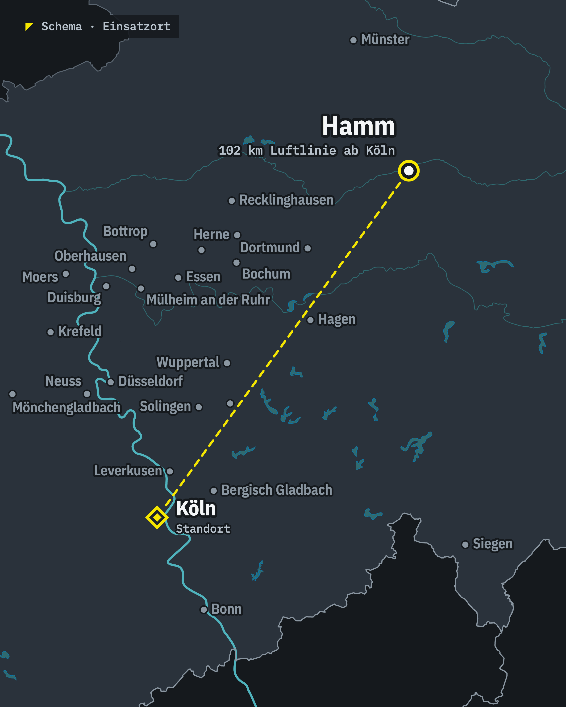 Schematische Karte: Hamm und unser Standort Köln, rund 102 km Luftlinie voneinander entfernt