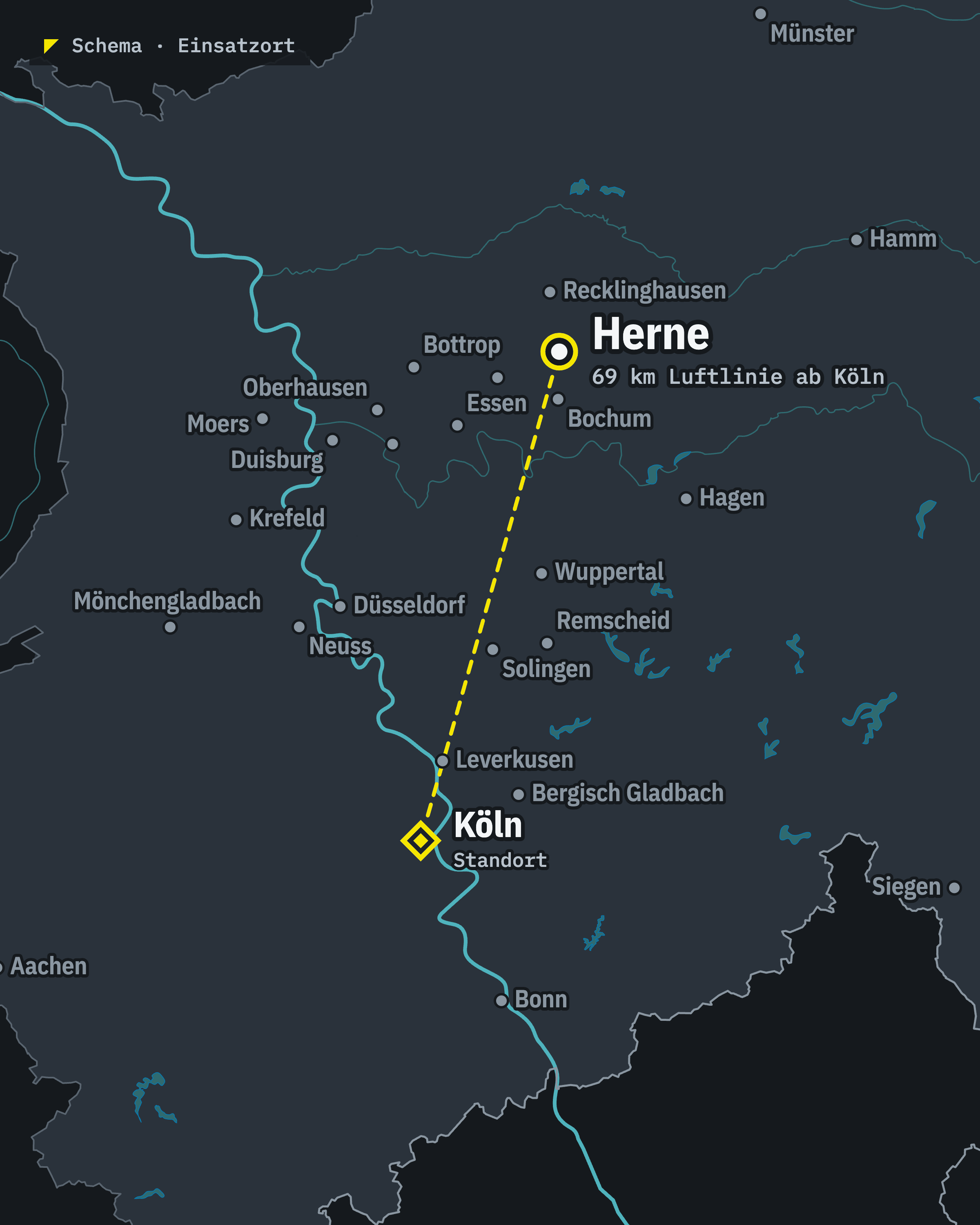 Schematische Karte: Herne und unser Standort Köln, rund 69 km Luftlinie voneinander entfernt