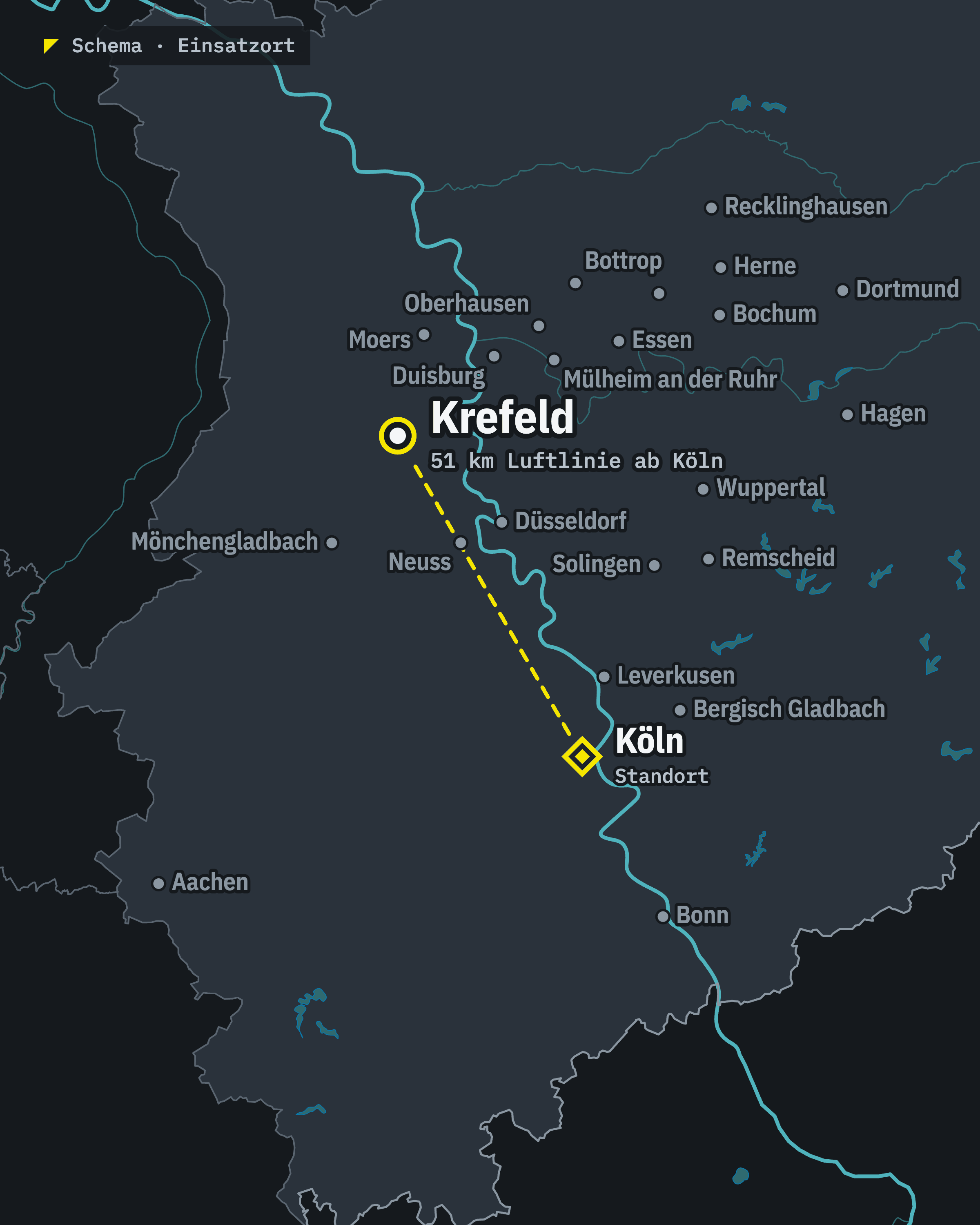 Schematische Karte: Krefeld und unser Standort Köln, rund 51 km Luftlinie voneinander entfernt