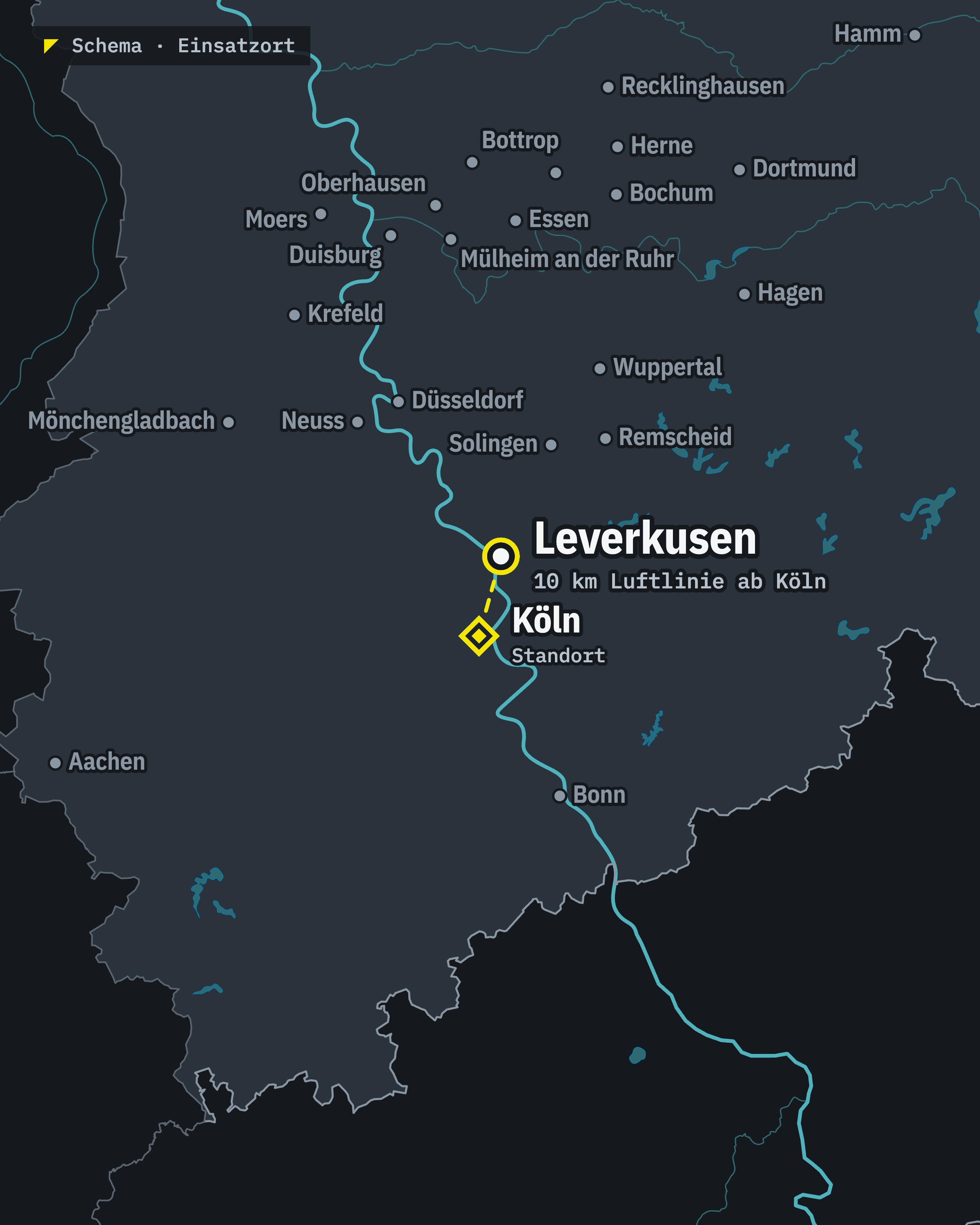 Schematische Karte: Leverkusen und unser Standort Köln, rund 10 km Luftlinie voneinander entfernt