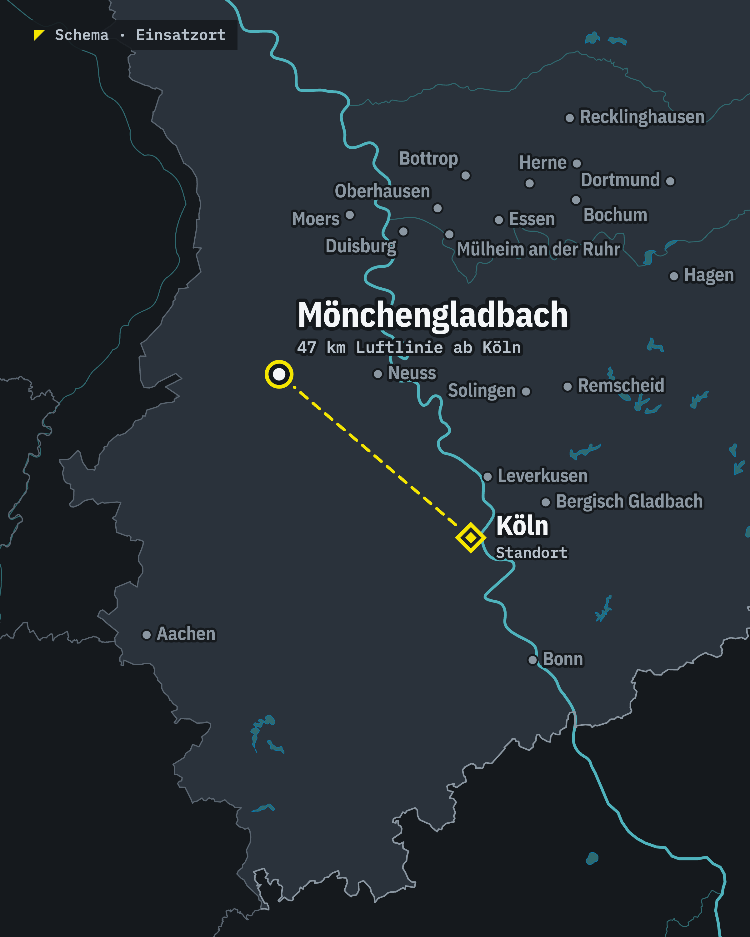 Schematische Karte: Mönchengladbach und unser Standort Köln, rund 47 km Luftlinie voneinander entfernt
