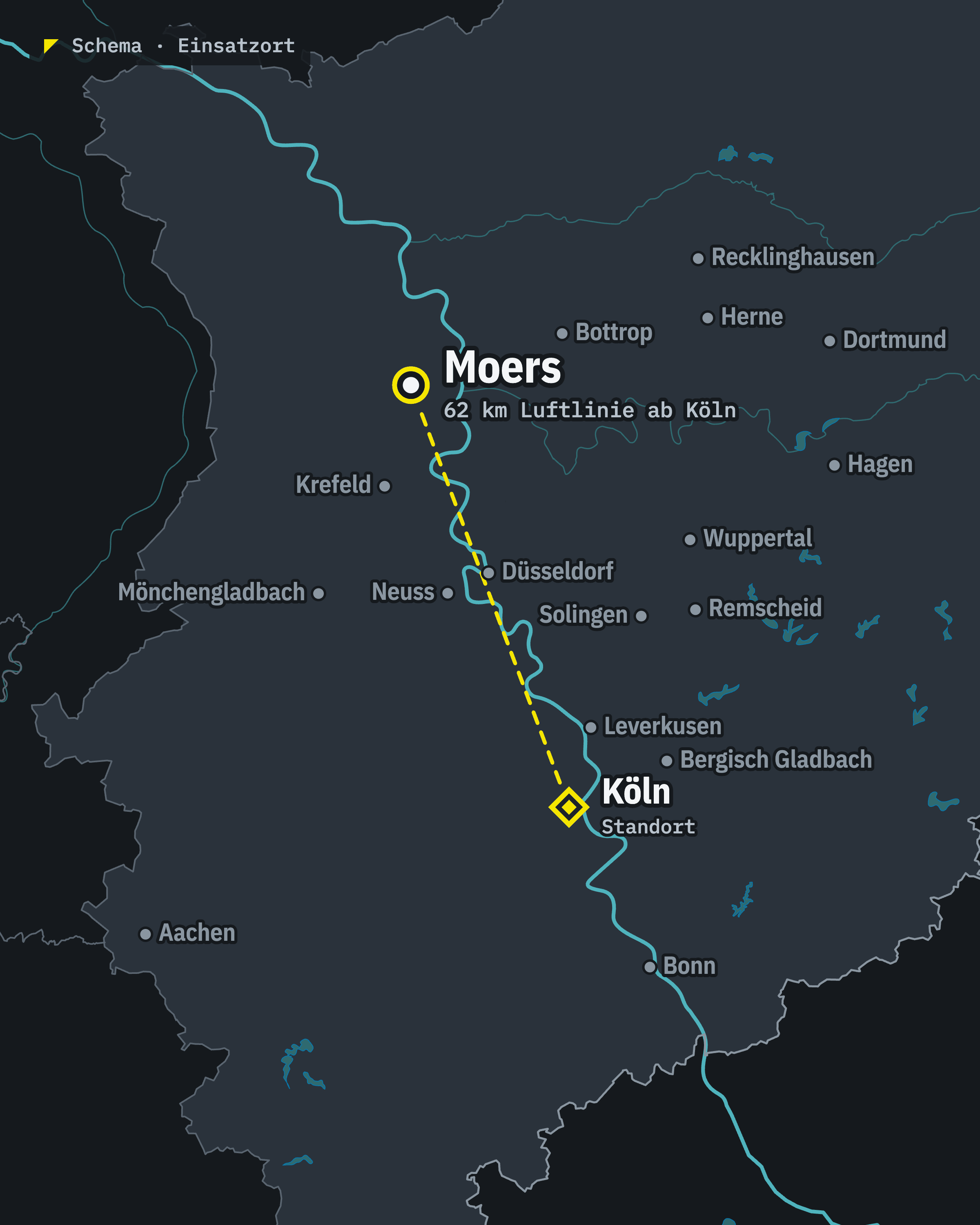 Schematische Karte: Moers und unser Standort Köln, rund 62 km Luftlinie voneinander entfernt