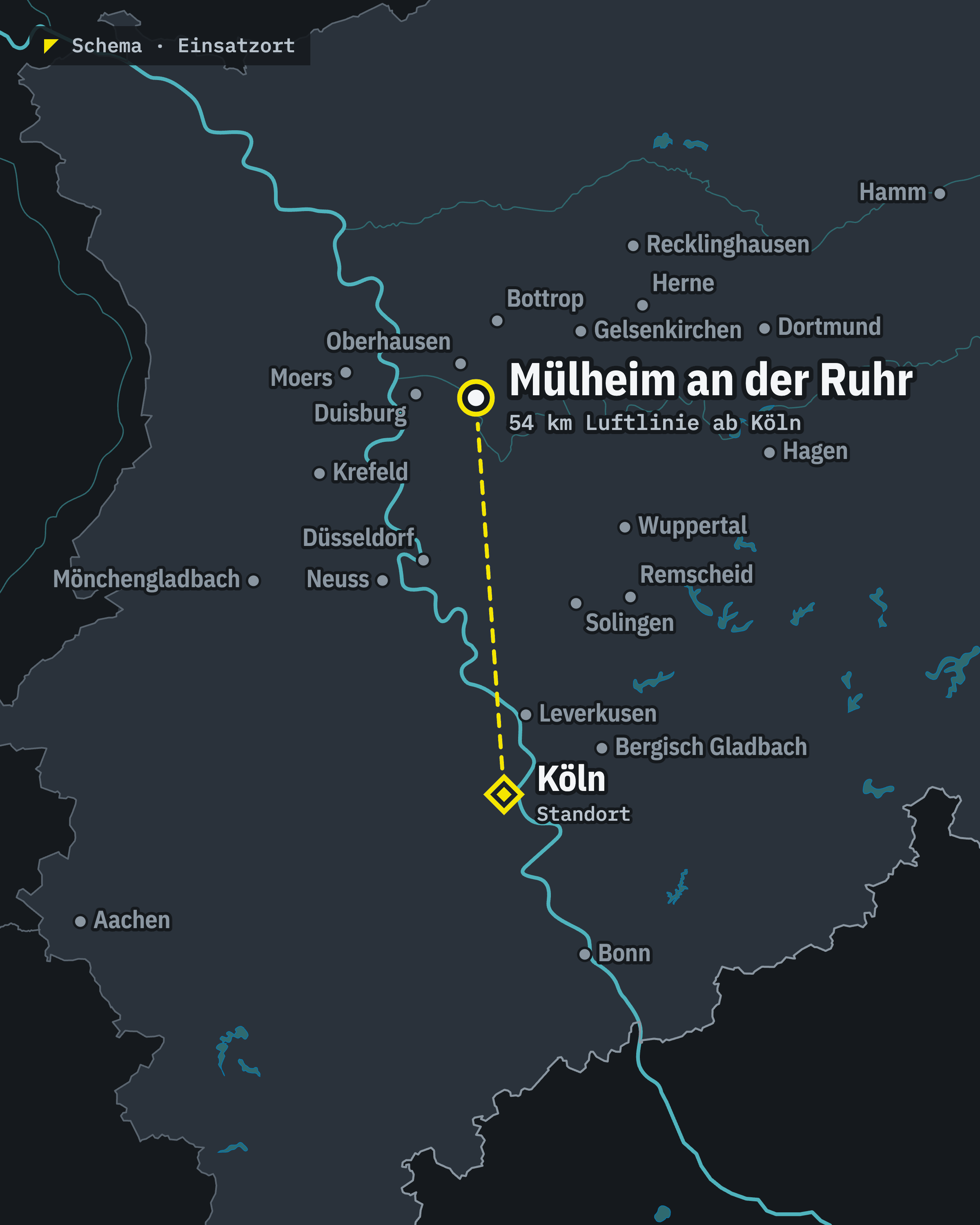 Schematische Karte: Mülheim an der Ruhr und unser Standort Köln, rund 54 km Luftlinie voneinander entfernt