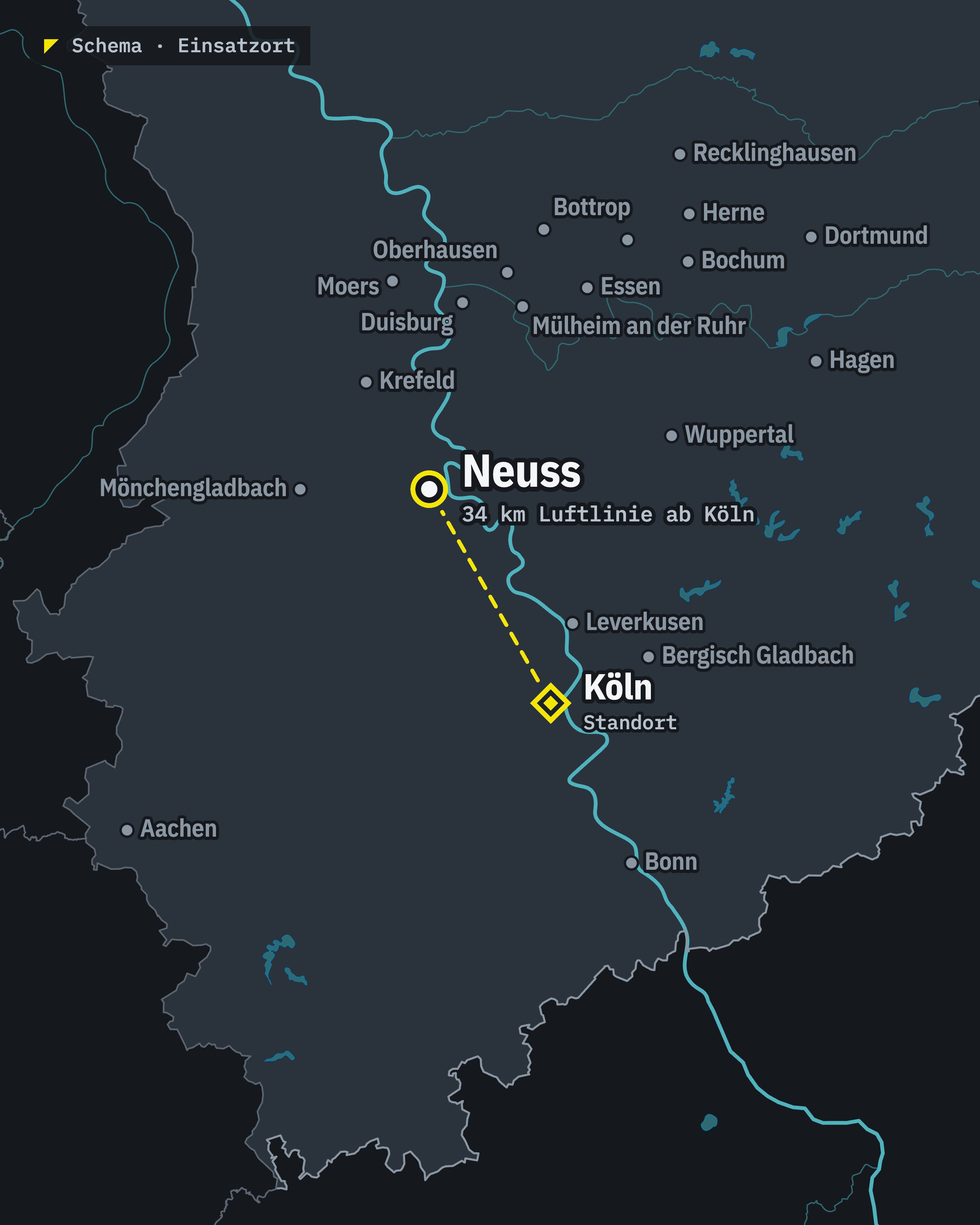 Schematische Karte: Neuss und unser Standort Köln, rund 34 km Luftlinie voneinander entfernt