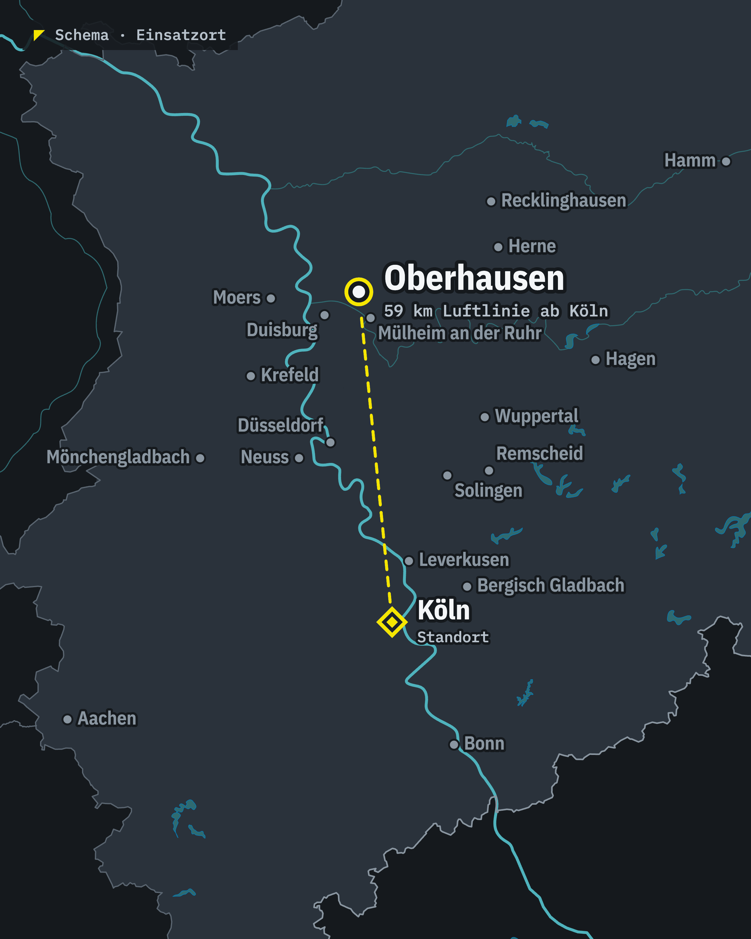 Schematische Karte: Oberhausen und unser Standort Köln, rund 59 km Luftlinie voneinander entfernt