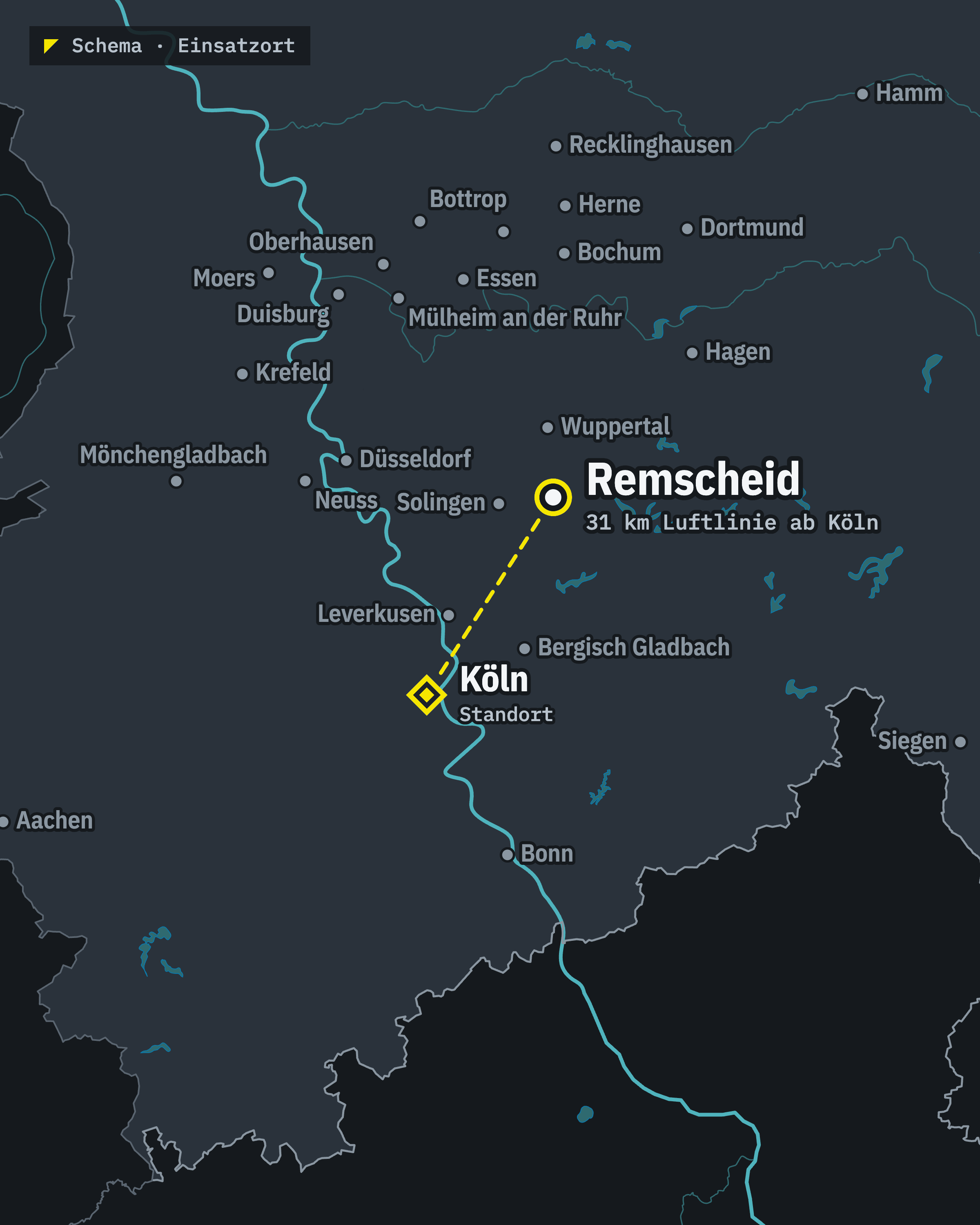 Schematische Karte: Remscheid und unser Standort Köln, rund 31 km Luftlinie voneinander entfernt
