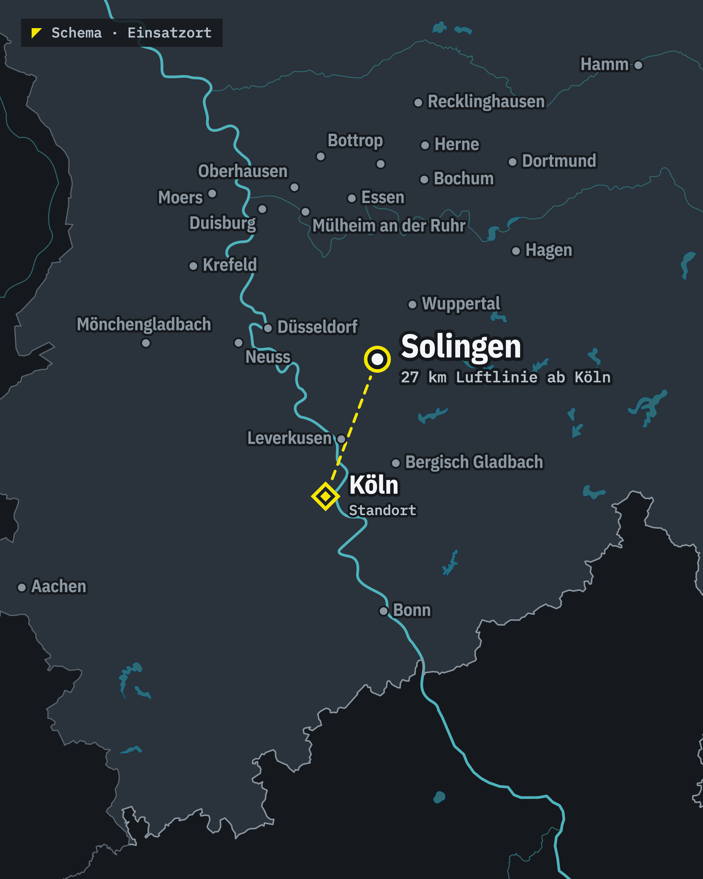 Schematische Karte: Solingen und unser Standort Köln, rund 27 km Luftlinie voneinander entfernt