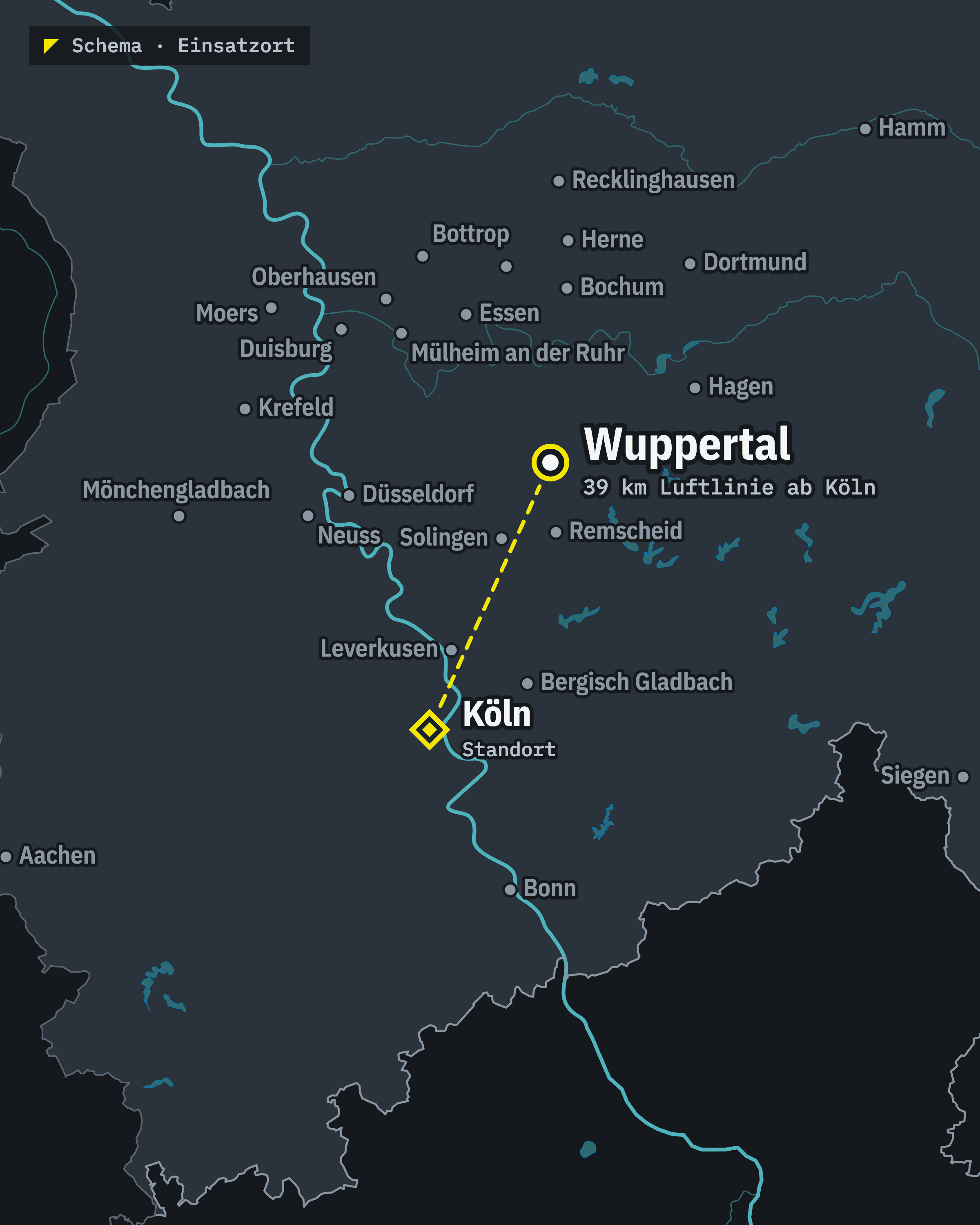 Schematische Karte: Wuppertal und unser Standort Köln, rund 39 km Luftlinie voneinander entfernt