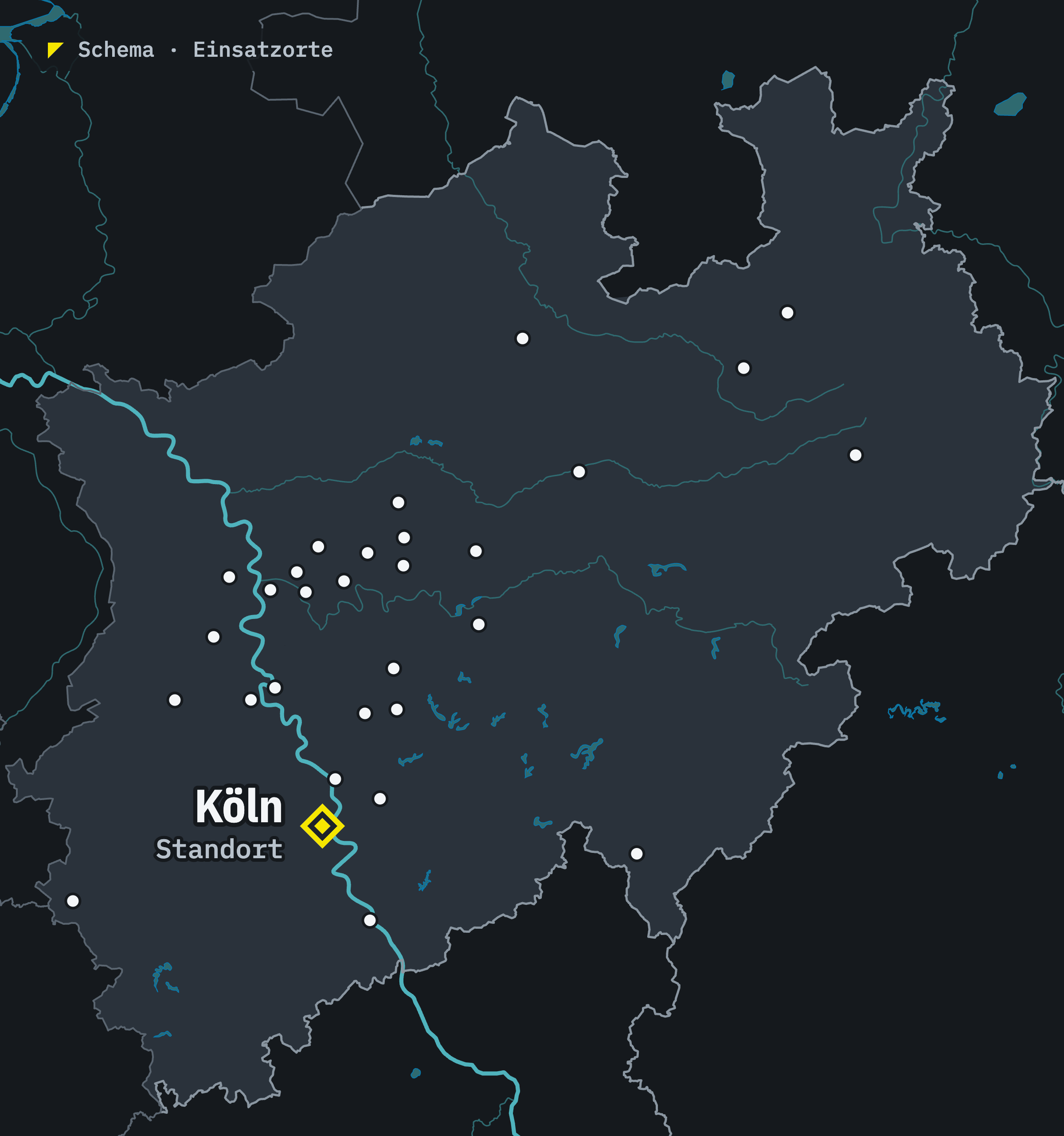 Schematische Karte von Nordrhein-Westfalen: der Standort Köln und die Städte mit eigener Seite als Punkte